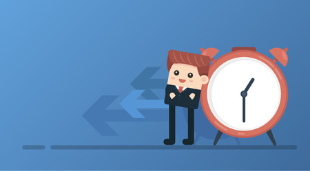 Happy businessman stand leaning to big clock. Concept of time management. Vector, illustration, flat.のイラスト素材