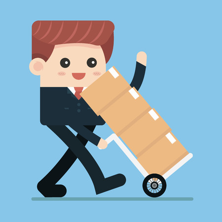 Businessman carries boxes on handcart. Business and finance concept. Vector, illustration, flatのイラスト素材
