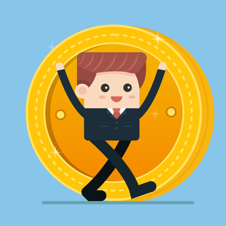 Businessman with big gold coin. Business and finance concept. Vector, illustration, flat.のイラスト素材