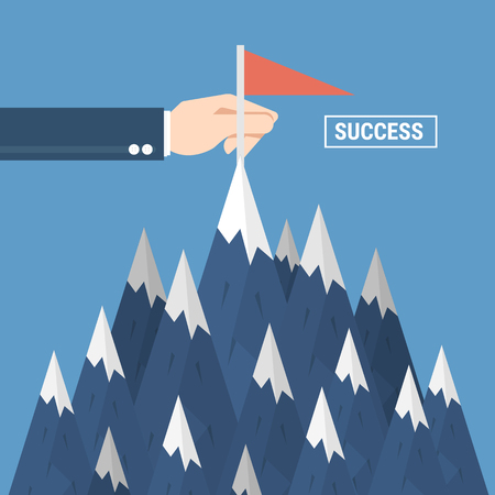 Successful mission, standing with red flag on mountain peak. Goal achievement, put a red flag on mountain peak.のイラスト素材