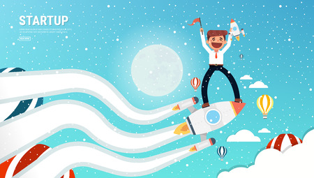 businessman holding red flag standing on rocket ship flying through starry sky. Start up business concept. vector eps10.
のイラスト素材