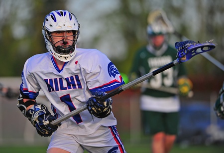 May 04, 2011 OHSLA (Oregon High School Lacrosse Association) Hillsboro HilHi HS Spartans Varsity V Tigard Oregon HS Tigers Varsity.  HilHi Spartans defender #01 ready for action.  Final score 18-2 Tigardのeditorial素材