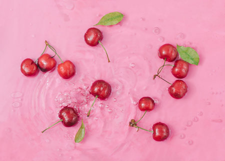 Fresh cherry fruits and leaves in pink water. Creative food background. Minimal summer scene.
