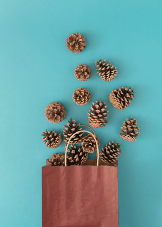 Pinecones and brown paper bag on bold blue background. Minimal autumn nature concept. Holiday season arrangement with copy space. Flat lay.の写真素材