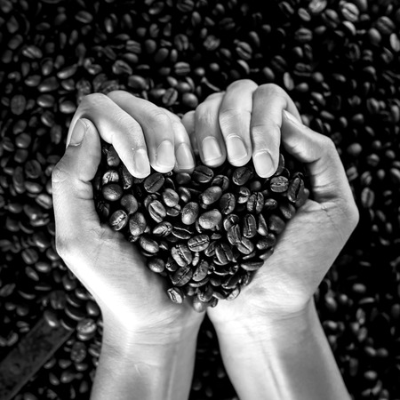 coffee heart shape held in woman hands , black and white pictureの写真素材