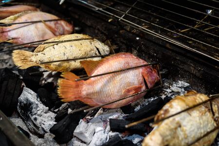 grilled fish on the grillの写真素材