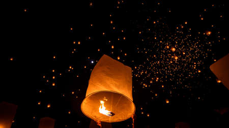 (hot air balloon)Floating sky Lantern in northern Thai traditional new year , Yi Peng Festival and Loy Krathong festivalの写真素材