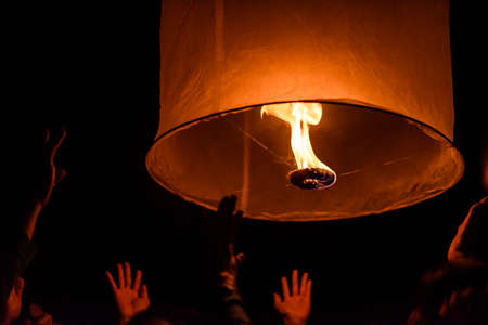 (hot air balloon)Floating sky Lantern in northern Thai traditional new year , Yi Peng Festival and Loy Krathong festivalの写真素材