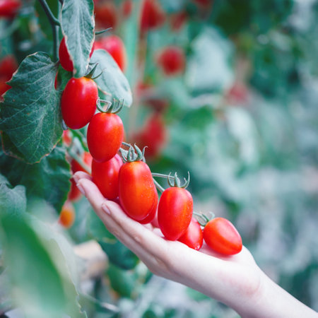 woman hand picking ripe red cherry tomatoes in green house farmの写真素材