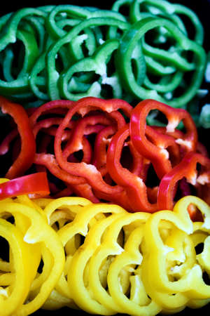 top view colorful sliced bell pepperの写真素材