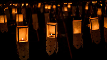 candle  lighting paper lanterns ,  Lantern Festival or Yee Peng Festival (North of Thailand new years) , Chiang Mai ,Thailandの写真素材