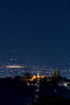 Landscape of Wat Doi Suthep temple at night Aerial view , Chiang Mai, Thailandの写真素材