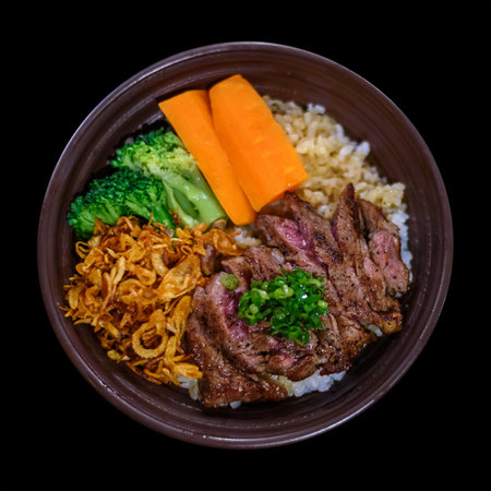 grilled beef sliced on topped rice  (GYUU-DON Yakiniku), Japanese Foodの写真素材
