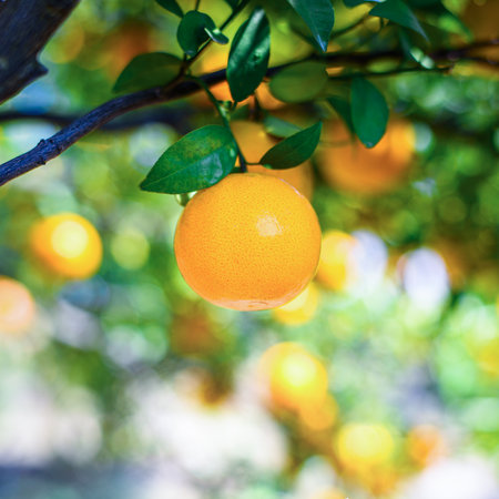ripe fresh oranges hanging on tree in orange orchardの写真素材