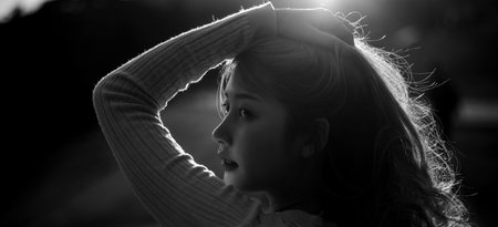 Beautiful portrait asian woman outdoor at sunset , black and whiteの写真素材