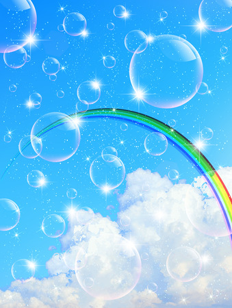 Sky cloud with rainbow and bubbles backgroundのイラスト素材