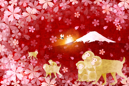 Monkey Fuji cherry tree New Year's cardのイラスト素材