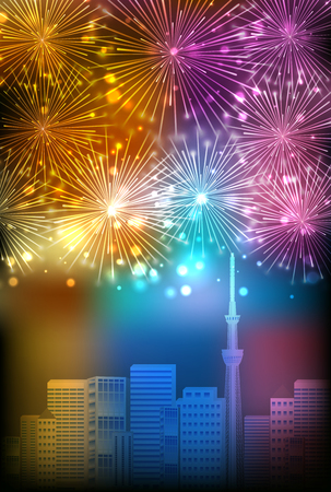 Fireworks night sky landscape backgroundのイラスト素材