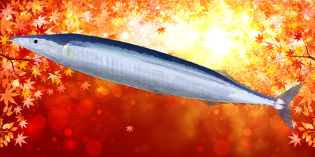 Pacific saury fish autumn leaves backgroundのイラスト素材