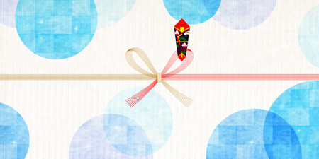 Japanese ornament drawing with ribbon on blue circle backgroundのイラスト素材
