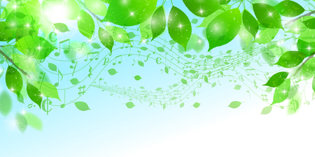 Fresh green leaves with musical notes over blue sky backgroundのイラスト素材
