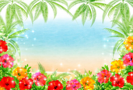 Hibiscus palm ocean backgroundのイラスト素材