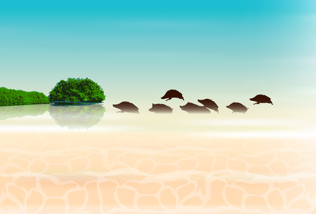 boar New Year card Ocean backgroundのイラスト素材