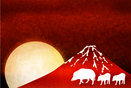 boar New Year card Fuji backgroundのイラスト素材