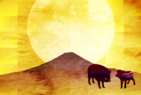 boar New Year card Fuji backgroundのイラスト素材