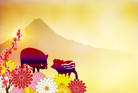 boar New Year card Fuji backgroundのイラスト素材