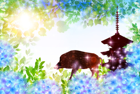 boar New Year card Hydrangea backgroundのイラスト素材