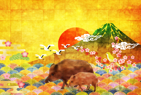 boar New Year card Fuji backgroundのイラスト素材