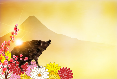 boar New Year card Fuji backgroundのイラスト素材