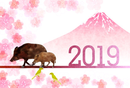 boar New Year card Fuji backgroundのイラスト素材