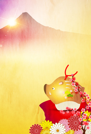 boar New Year card Fuji backgroundのイラスト素材