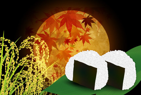 Rice ball Rice Autumn leaves backgroundのイラスト素材