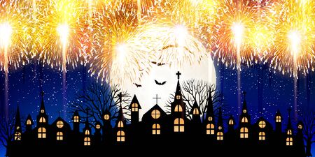 Halloween autumn castle moon backgroundのイラスト素材