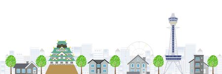 Osaka Tsutenkaku Osaka Castle backgroundのイラスト素材