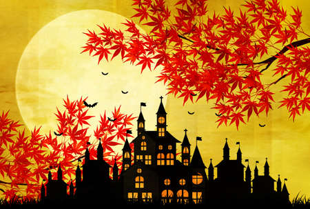 Halloween pumpkin castle autumn leaves backgroundのイラスト素材