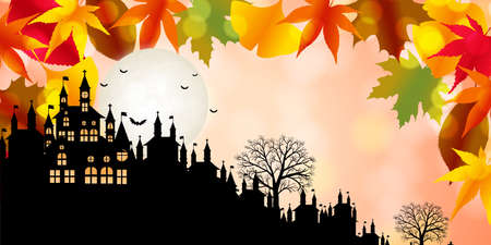 Halloween pumpkin castle autumn leaves backgroundのイラスト素材