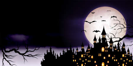Halloween Castle Moon Bat Backgroundのイラスト素材