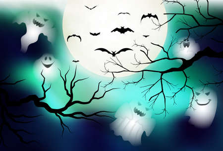 Halloween moon ghost bat backgroundのイラスト素材