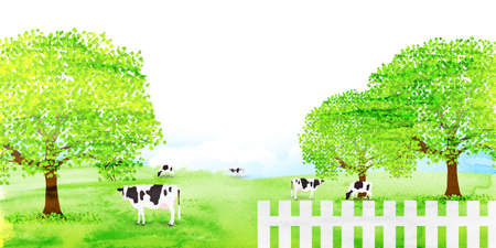 Ranch cow watercolor landscape backgroundのイラスト素材