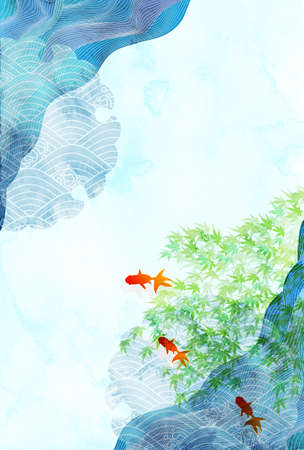 Goldfish wave summer greetings backgroundのイラスト素材
