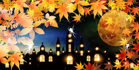 Halloween autumn leaves castle backgroundのイラスト素材