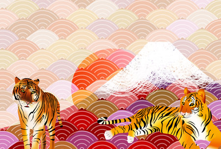 Tiger New Year's card Mt. Fuji backgroundのイラスト素材