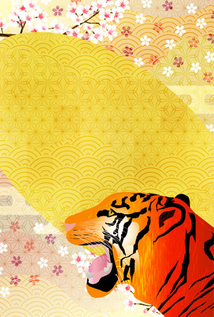 Tiger New Year's card Japanese pattern backgroundのイラスト素材