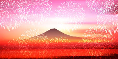 Mt. Fuji fireworks new year backgroundのイラスト素材