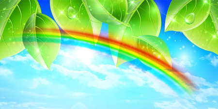 Fresh green leaves rainbow backgroundのイラスト素材