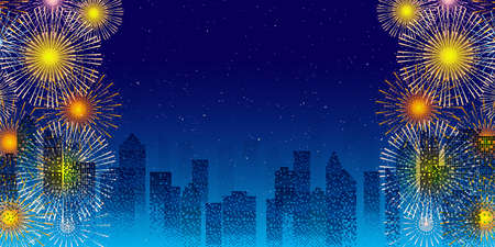 Fireworks summer building night view backgroundのイラスト素材